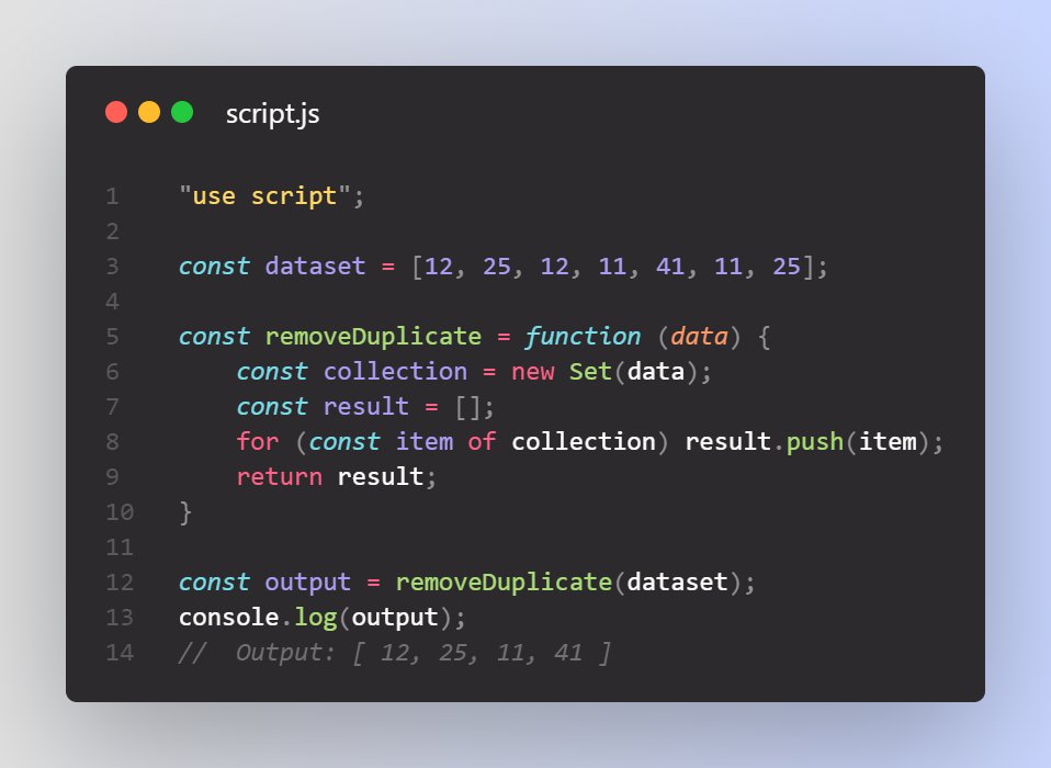 unnamedcodes's tweet image. #100DaysOfCode Day 13 ✅
Worked on a function that will eliminate any duplicate element from a set of elements. (JavaScript)
