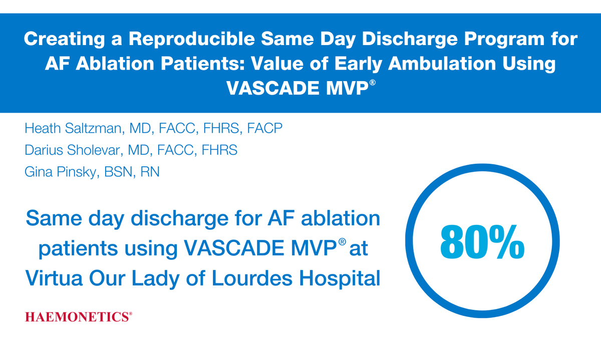 HaemoneticsIT's tweet photo. Since adopting the use of #VASCADEMVP at Virtua Our Lady of Lourdes Hospital, they have been able to send home ~80% of AF ablation patients the same day and reduce time to ambulation to ~2 hours.  
Read more: https://t.co/6pDywA69pA 
IFU: https://t.co/nl6Q4FNzGR https://t.co/PbQVkskQLs