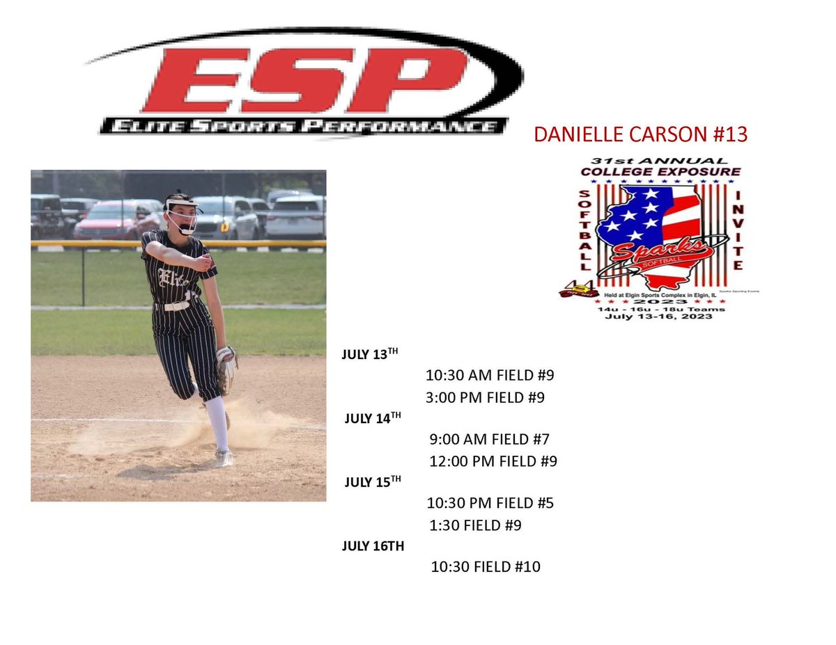 My team and I will be in Elgin IL for the 2023 Sparks Invitational. The times and locations are all in the picture below. I’m excited to play and see everyone out there. <a href="/LewisSoftball/">Lewis Softball</a> <a href="/NIUSoftball/">NIU Softball</a> <a href="/RamblersSB/">Loyola Softball</a> <a href="/BenUSoftball/">Benedictine Softball</a> <a href="/NWladycats/">NorthwesternSoftball</a> <a href="/SBRRetweets/">Softball Recruiting Reposts</a> <a href="/TaddGibby24/">Tadd Gibson</a>