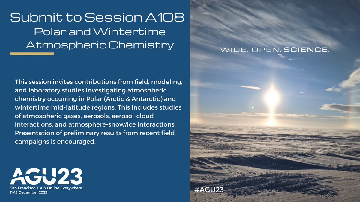 It's that time again! For folks excited about atmospheric chemistry in cold and/or snowy places @ArcticKerri , @MeganDWillis , Jessie Creamean, and I are convening a session at #AGU23