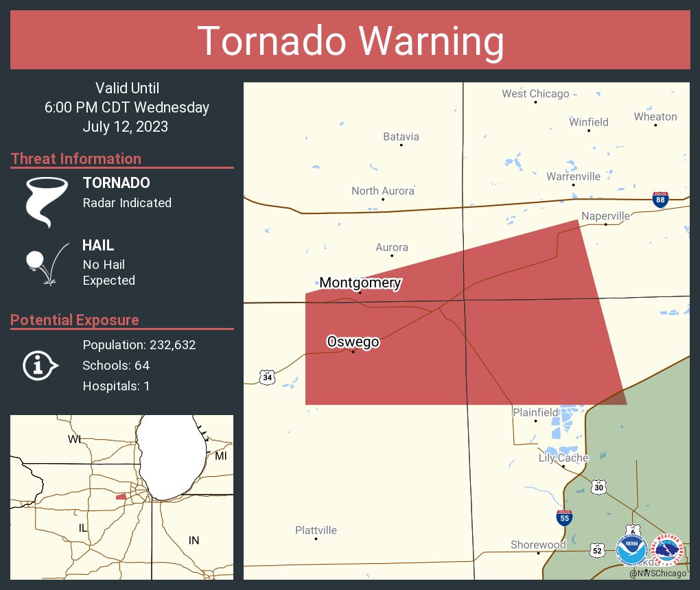 NWSChicago's tweet photo. Tornado Warning including Oswego IL, Montgomery IL and  Boulder Hill IL until 6:00 PM CDT https://t.co/gra7UxAphD