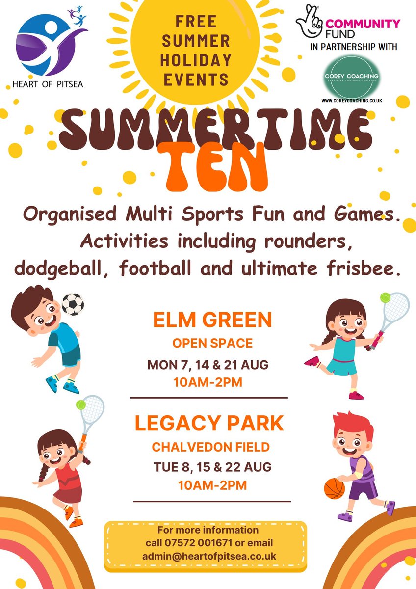 We are pleased to announce that @Corey_Coaching are in partnership with Heart of Pitsea throughout the summer holidays.
Some free summer activities for all.
See poster for more details.
#summerprogramme #multisports #football #rounders #dodgeball #ultimatefrisbee