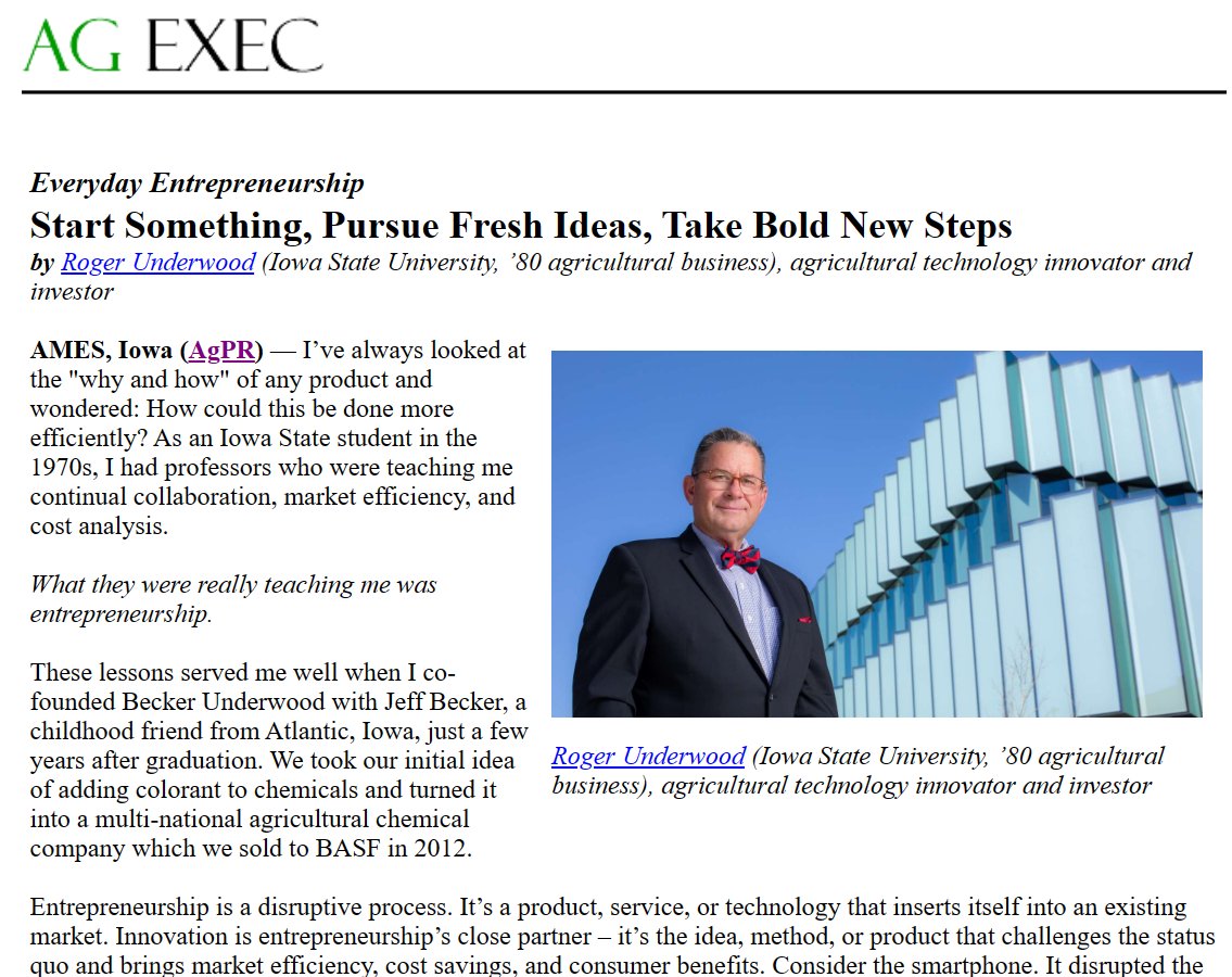 AgEXEC (@agexec) on Twitter photo Everyday Entrepreneurship:
Start Something, Pursue Fresh Ideas, Take Bold New Steps.
by Roger Underwood (Iowa State University, ’80 agricultural business), agricultural technology innovator & investor
agnewscenter.com/archives.cfm?n… <a href="/isualum/">Iowa State University Alumni Association</a> @ISUCALSInnovate #entrepreneur #agriculture Everyday Entrepreneurship:
Start Something, Pursue Fresh Ideas, Take Bold New Steps.
by Roger Underwood (Iowa State University, ’80 agricultural business), agricultural technology innovator & investor
agnewscenter.com/archives.cfm?n… <a href="/isualum/">Iowa State University Alumni Association</a> @ISUCALSInnovate #entrepreneur #agriculture