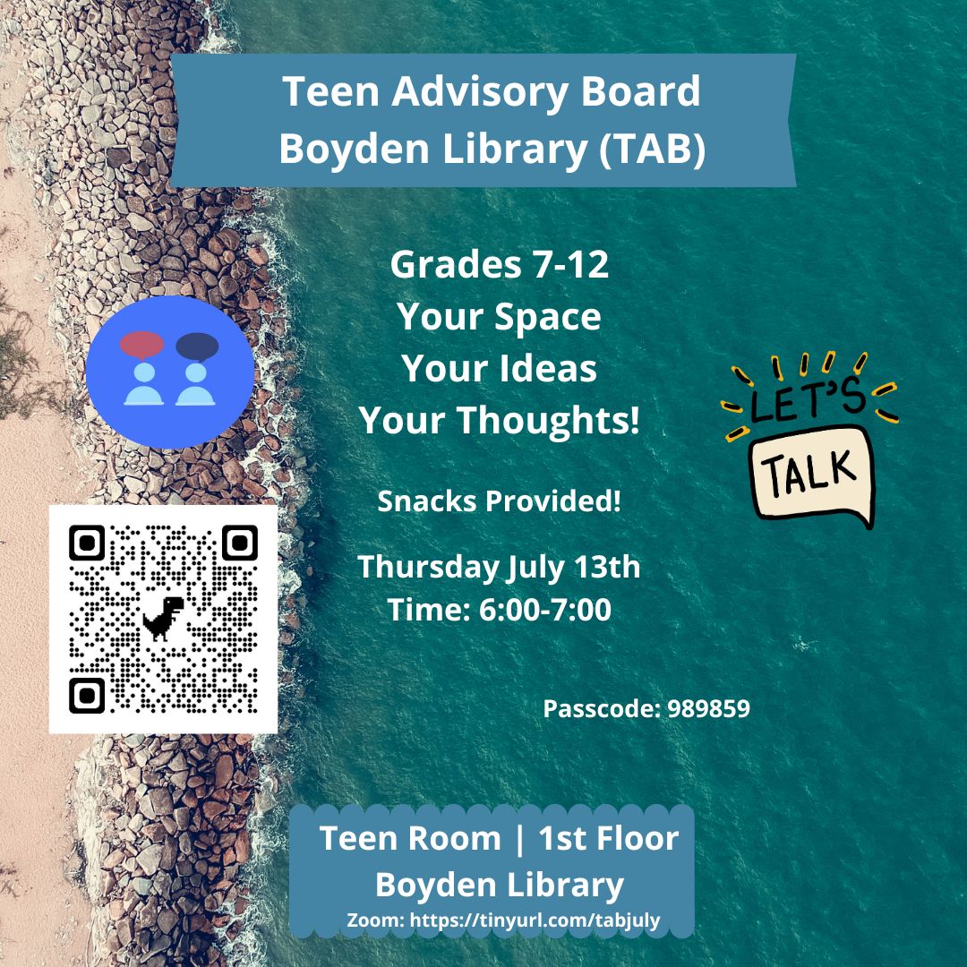 BoydenLibraryFX's tweet image. TAB tomorrow evening at 6:00 in the Boyden Library Teen Room. Chat and Snacks! #tab #teenadvisoryboard #teens #librariesofinstagram #foxboro #chat #books