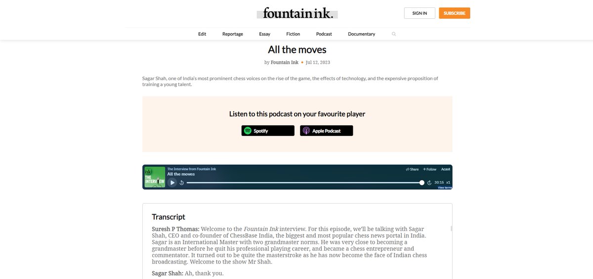 IM Sagar Shah appeared on 'The Interview', a podcast by @fountainink! Suresh P Thomas talks to @sagarchess1 about the Indian chess scene, the World Championship match, shift towards Rapid chess, and much more. Check it out: fountainink.in/podcast/the-in…