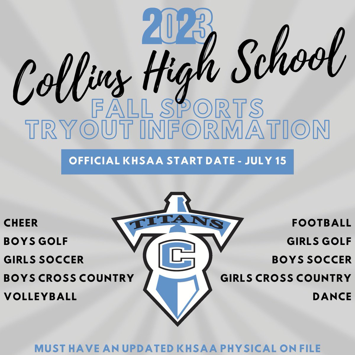Come join us! 
🗓️July 20th
⏰9:00 am 
📍Collins Small Gym 
📣8-12th grade for the 23-24 school year.