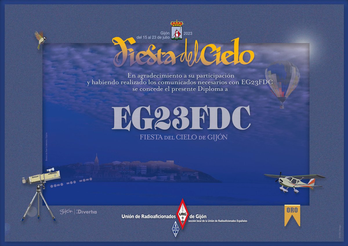 URE_GIJON's tweet photo. #EG23FDC calienta motores. Presentamos el #diploma que en diversas modalidades podéis obtener conforme bases. Info https://t.co/jI3gyii6Di Esperamos sea de vuestro agrado. Os escuchamos!
#radioaficionate #radioaficion #radioaficionados #hamradio @gijon #LaFiestaDelCielo @ure_es https://t.co/zS9SRix9PI