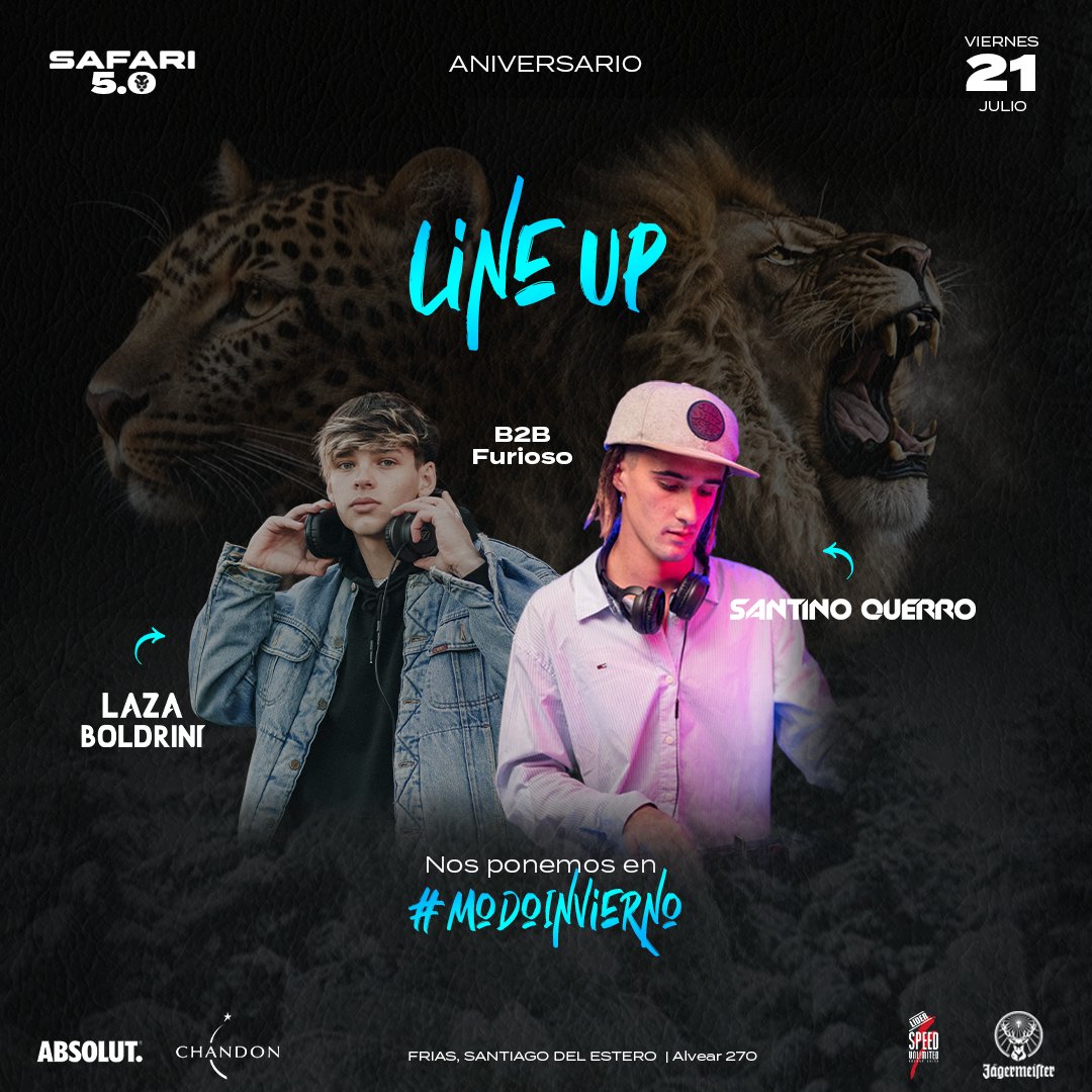 SafariFrias's tweet photo. ¡ CONFIRMADO ! Mira quienes van a ser los encargados de explotar la pista en Safari 5.0 🐺❄️🔥
LINE UP 🎧
@lazaro_boldrini
@santinoquerro
El 21 vas a bailar en Safari baby... Donde más sino ? 😏💥
#StayWild👊🏻 #ModoSafariOn✅️ https://t.co/3Dh2fCgr8Q