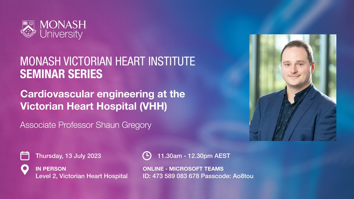 MonashVHI's tweet photo. Our weekly VHI Seminar Series kicks off today! ❤️
Join us in person at the Victorian Heart Hospital or online at 11.30am to hear from @DrShaunGregory, Dr Rezan Al-jafary and Dr Mehrdad Khamooshi.

→ Read the abstracts and access the link to join: https://t.co/bikPfD6K2z https://t.co/HfQWfBlCAY