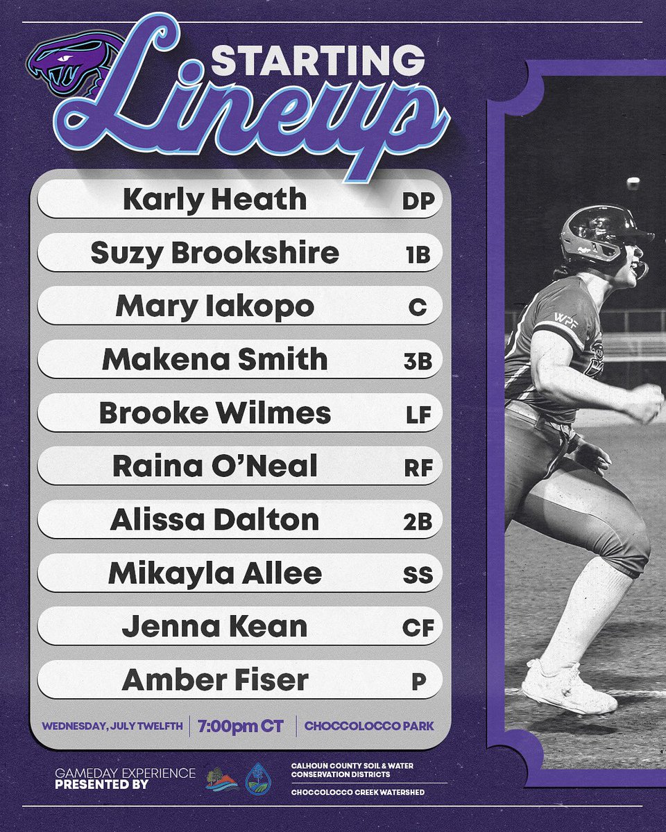 Here is your starting lineup for the final game of the 3 game series against @okcityspark !! 🐍👏

First pitch is at 7pm CT here on Signature Softball Field at Choccolocco Park. 

#TheBestPlayHere