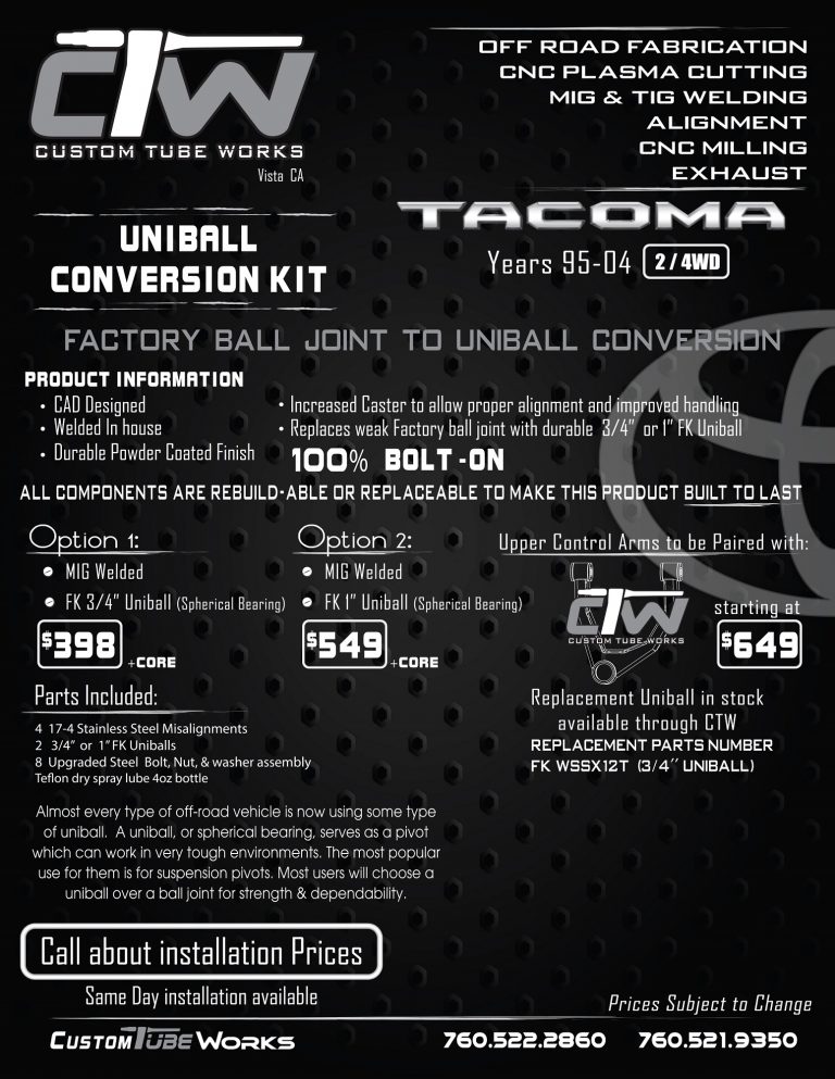 CustomTubeWorks's tweet image. We got 95-04 Toyota Tacoma Uniball Conversion Kits in stock!
customtubeworks.com/product/95-04-…
#toyotatrucks #toyotatacoma #tacomaoffroad #Prerunner #liftkit #tacomaworld #customtubeworks