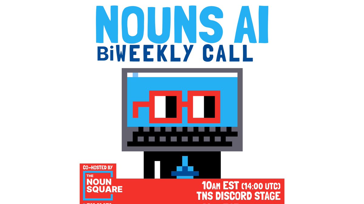 zerorightsmedia's tweet photo. Every other week on Tuesday at 10am EST we are joined by
@TheHeroShep, ROKO and the #NounsAI team for an update on all things AI!
Nouns AI Bi-Weekly is an interactive call hosted live in TNS discord, simulcast to twitter, and later posted to YouTube!
Set your reminders π https://t.co/JCxajK5Jsr