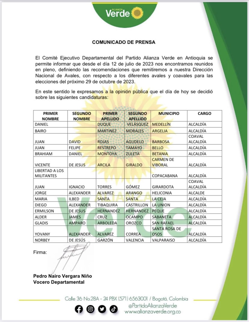 Me llena de entusiasmo contar con el respaldo de la dirección municipal y departamental del <a href="/PartidoVerdeCoL/">Partido Alianza Verde 🌻</a> para representar sus banderas desde nuestra propuesta Barbosa Nos Une