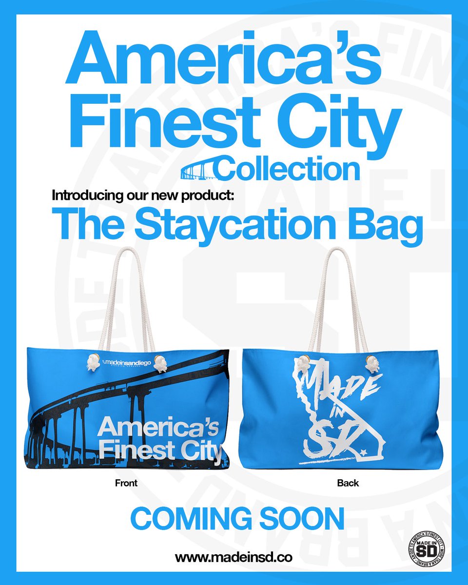 madeinsdco's tweet image. INTRODUCING our new STAYCATION BAG! The first two items from the America’s Finest City Collection have been revealed… What should we name this color? 🤔🤔🤔 #madeinsd #sandiego #madeinsandiego #staycation #totebag #weekenderbag