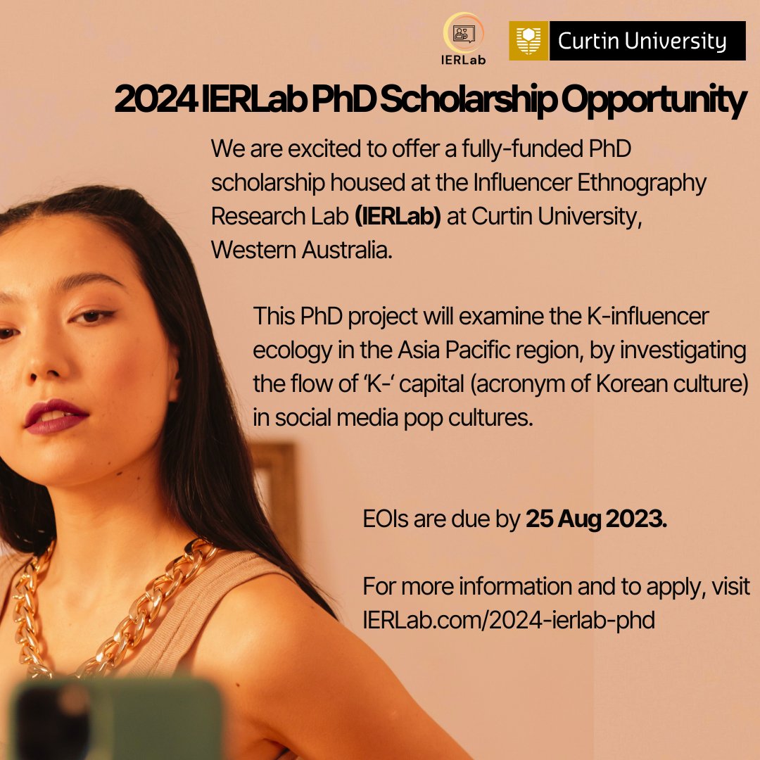 2024 IERLab PhD Scholarship: We are excited to announce a new PhD scholarship opportunity at <a href="/CurtinUni/">Curtin University</a> 👇!!

➡️Project: Mapping the ‘K-’ flow via K-Influencers in global social media pop cultures

🗓️Closing: 25th August.

For more info &amp; how to apply 👉IERLab.com/2024-ierlab-phd
