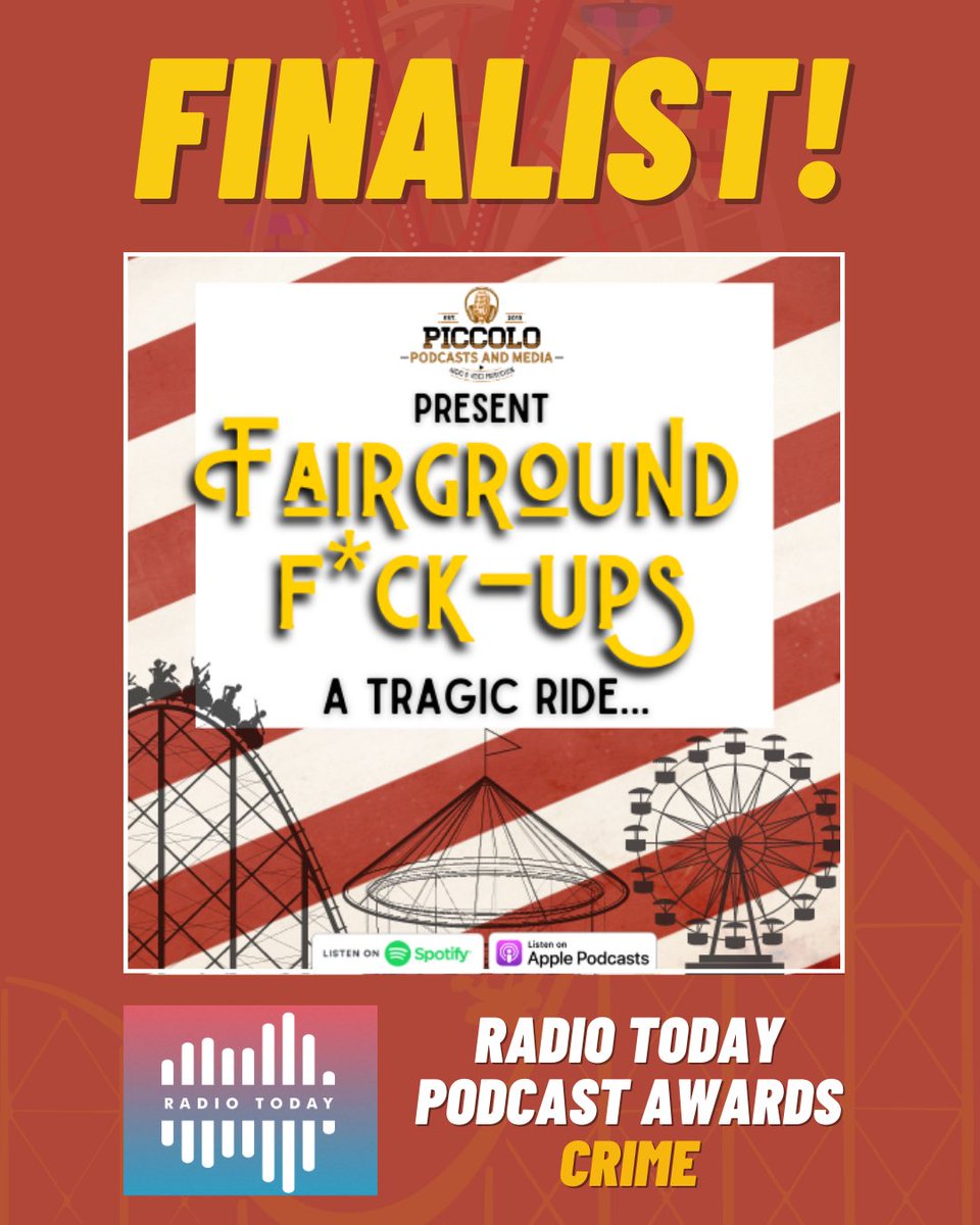 amenners's tweet photo. PICCOLO PODCASTS FAIRGROUND F*CK UPS IS A FINALIST 🎖️ 

It is my pleasure to announce Fairground F*ck Ups as a 2023 finalist in the Radio Today Podcast Awards for the Crime podcast category 🕵️‍♂️ 

I am really proud that this show that I conceived has been recognised.  Terrific work by the whole team on the latest season.

Thank you to all our listeners and good luck to all our fellow crime finalists! 
 Listen here: https://t.co/rGgUBCyqby

#truecrime #podcast