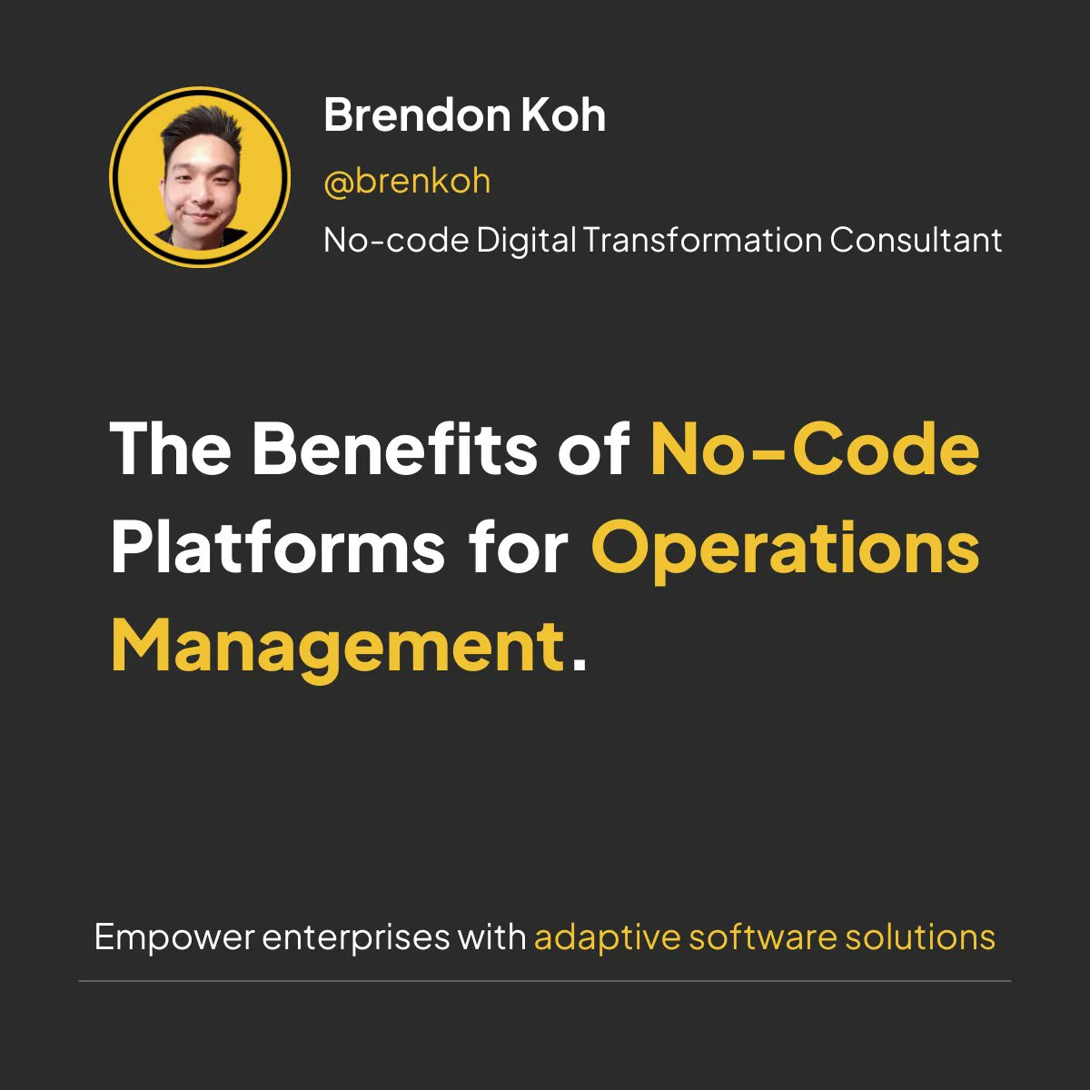 Brenkoh's tweet photo. The Benefits of No-Code Platforms for Operations Management include 1️⃣ Accelerated Process Automation, 2️⃣ Flexibility and Adaptability, 3️⃣ Empowering Citizen Developers and 4️⃣ Seamless Data Integration and Insights. https://t.co/LY1v9kDvxi