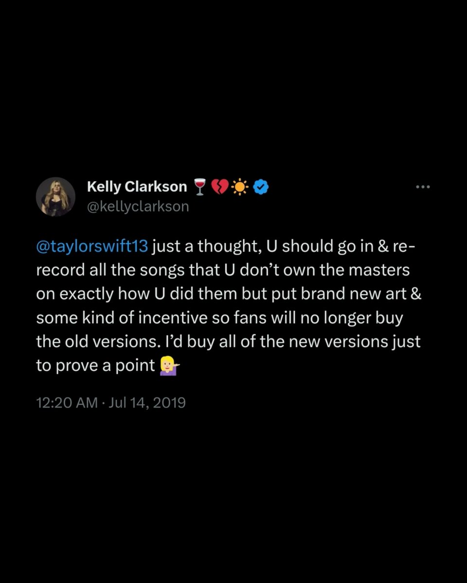 Throw🔙| 4 years ago today, Kelly Clarkson advised @TaylorSwift13 to re-record her old music.