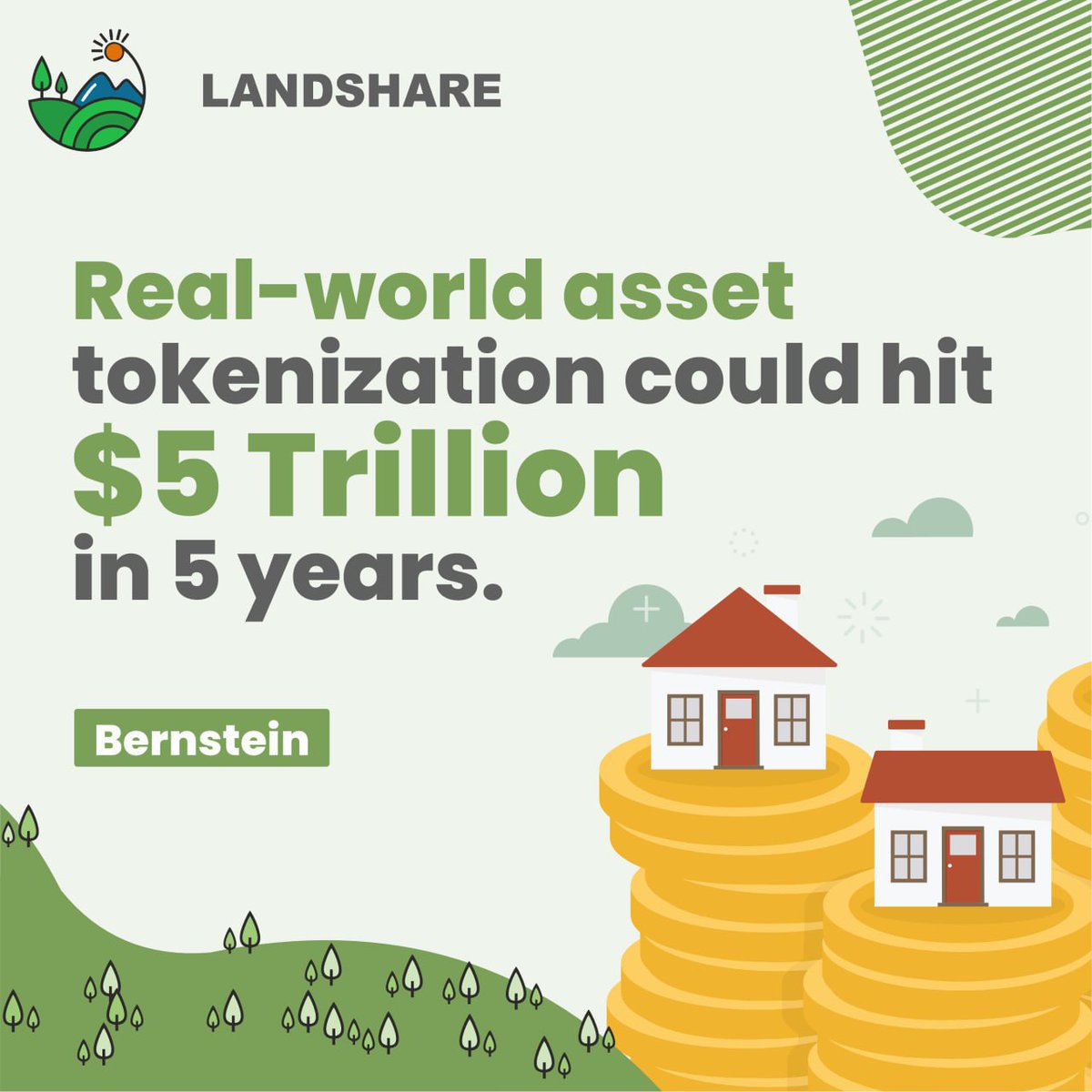 Landshareio's tweet photo. 🏦@BlackRock , @IMFNews, @jpmorgan, @GoldmanSachs and @BernsteinPWM all share one thing in common:
 
💰They all acknowledge RWA tokenization's trillion-dollar potential. 
 
💸Invest in tokenized real assets with real returns: https://t.co/buvMAFMqqy https://t.co/jJoiMFLJFx