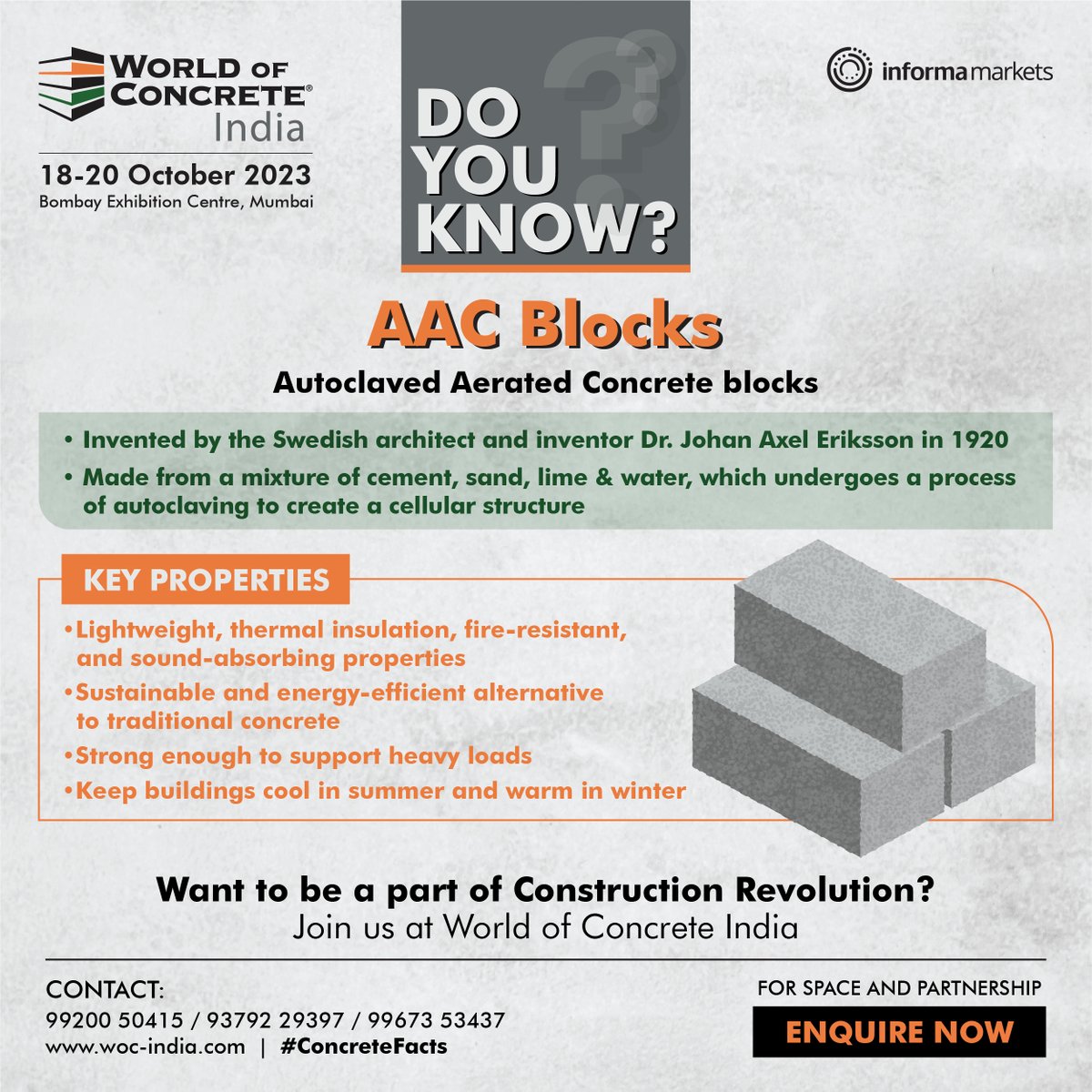 '𝗗𝗼 𝘆𝗼𝘂 𝗸𝗻𝗼𝘄?' series by 𝗪𝗼𝗿𝗹𝗱 𝗼𝗳 𝗖𝗼𝗻𝗰𝗿𝗲𝘁𝗲 𝗜𝗻𝗱𝗶𝗮!

𝗪𝗼𝗿𝗹𝗱 𝗼𝗳 𝗖𝗼𝗻𝗰𝗿𝗲𝘁𝗲 𝗜𝗻𝗱𝗶𝗮
📅 18-20 Oct
📍 Bombay Exhibition Centre, Mumbai
🎫 bit.ly/43emIc6

#WorldOfConcreteIndia #DYK #AACBlocks #ConstructionIndustry #BuildingMaterials