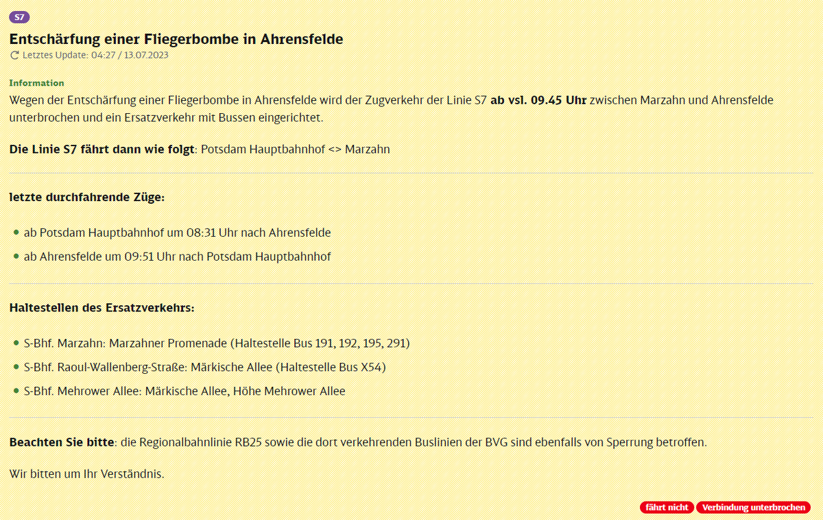 SBahnBerlin's tweet photo. #S7: Wegen der Entschärfung einer Fliegerbombe in #Ahrensfelde wird der Zugverkehr ab ca. 9:45 Uhr zwischen #Marzahn und Ahrensfelde unterbrochen. Ein Ersatzverkehr mit Bussen wird eingerichtet. https://t.co/cSxKSxgete