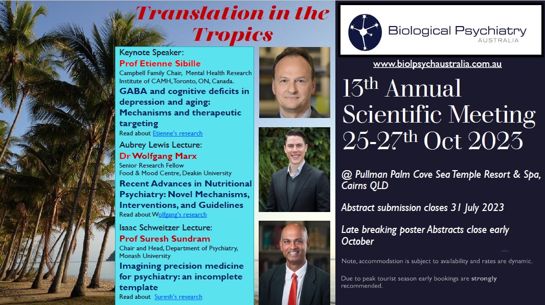 Biological Psychiatry Australia (@biolpsychaust) on Twitter photo Join us at #BPA2023 in Palm Cove, QLD, October 25-27, 2023.
Abstracts submissions for talks, data blitzes and posters close Monday 31 July: biolpsychaustralia.com.au/annual-confere…
We have 3 exciting plenary lectures (see flyer)!
Check out <a href="/BPA_ECRN/">Biological Psychiatry Australia - ECRN</a> for opportunities and prizes for ECRs! Join us at #BPA2023 in Palm Cove, QLD, October 25-27, 2023.
Abstracts submissions for talks, data blitzes and posters close Monday 31 July: biolpsychaustralia.com.au/annual-confere…
We have 3 exciting plenary lectures (see flyer)!
Check out <a href="/BPA_ECRN/">Biological Psychiatry Australia - ECRN</a> for opportunities and prizes for ECRs!
