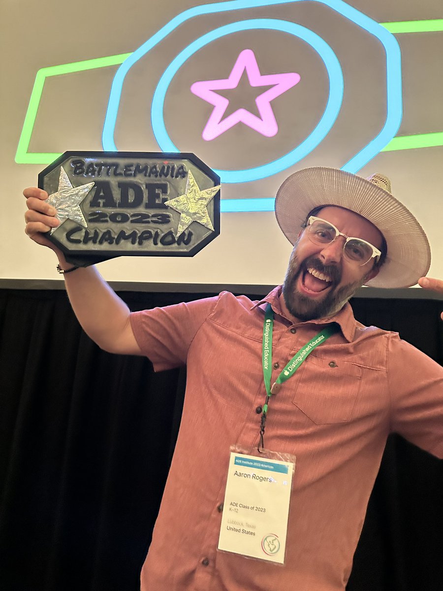 aaron_teach's tweet photo. I am truly humbled by the the amazing energy here at #ADE2023 . Being around other crazy educators has filled my bucket. Getting to be on stage and share my joy was a once in a lifetime opportunity!  Took home the BATTLEMANIA ADE 2023 belt! https://t.co/gTEjY4h990