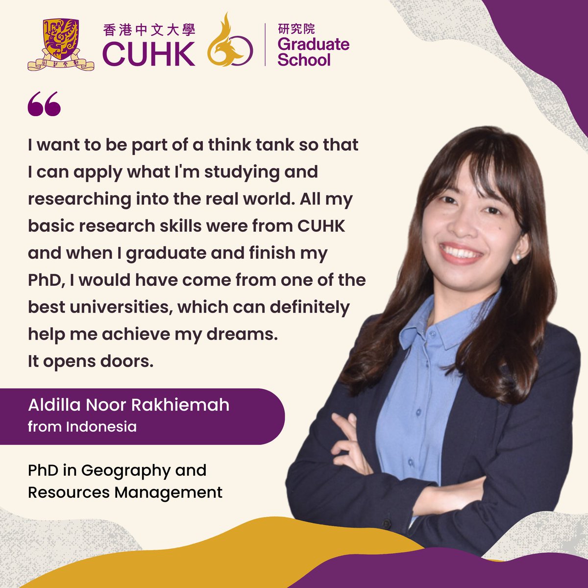 CUHKofficial's tweet image. Indonesian Aldilla Noor Rakhiemah aspires to impact #policymakers in Southeast Asia for #sustainableenergy changes. She found the Geography and Resource Management #PhDprogramme at #CUHK to be the best option for knowledge, network, and resources. More: bit.ly/3XhfIcn
