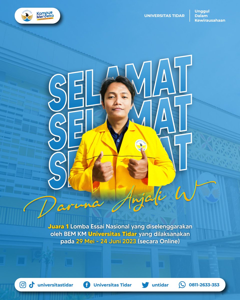Untidar's tweet photo. Selamat kepada Daruna Anjali W. yang telah memenangkan Lomba Essai Nasional yang diselenggarakan oleh BEM KM UNTIDAR  pada 29 Mei hingga 24 Juni 2023 (secara online)

#untidar #untidarhits #banggajadiuntidar https://t.co/QOAYBKWIsW
