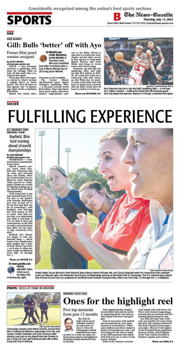 IlliniHQ (@illinihq) on Twitter photo Thursday's N-G sports cover feat. <a href="/srrichey/">Scott Richey</a> on Ayo Dosunmu, plus <a href="/clikasNG/">Colin Likas</a> looks back at 2022-23 prep sports scene and <a href="/JoeyWright2000/">Joey Wright</a> on <a href="/USDeaf_WNT/">U.S. Deaf Soccer WNT</a> training in C-U, thanks to #Illini soccer.
<a href="/APSE_sportmedia/">APSE</a>
<a href="/ngphotostaff/">News-Gazette Photo</a>
Sign up for our newsletter: bit.ly/3M9lNU4 Thursday's N-G sports cover feat. <a href="/srrichey/">Scott Richey</a> on Ayo Dosunmu, plus <a href="/clikasNG/">Colin Likas</a> looks back at 2022-23 prep sports scene and <a href="/JoeyWright2000/">Joey Wright</a> on <a href="/USDeaf_WNT/">U.S. Deaf Soccer WNT</a> training in C-U, thanks to #Illini soccer.
<a href="/APSE_sportmedia/">APSE</a>
<a href="/ngphotostaff/">News-Gazette Photo</a>
Sign up for our newsletter: bit.ly/3M9lNU4