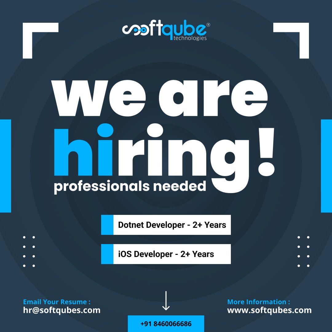 Softqubes's tweet image. Attention all job seekers! We&apos;re hiring for the ultimate opportunity! 🎉

Share this post with your networks, and let&apos;s find the perfect candidate together. Apply now, and let&apos;s take the next step in your career.

#JoinOurTeam #DotnetDeveloper #iOSDeveloper  #hiringimmediately