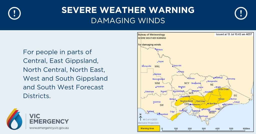 This Severe Weather Warning is for DAMAGING WINDS for parts of Central, East Gippsland, North Central, North East, West and South Gippsland and South West Forecast Districts. Damaging wind gusts developing about elevated terrain from this afternoon. More: bom.gov.au/vic/warnings/