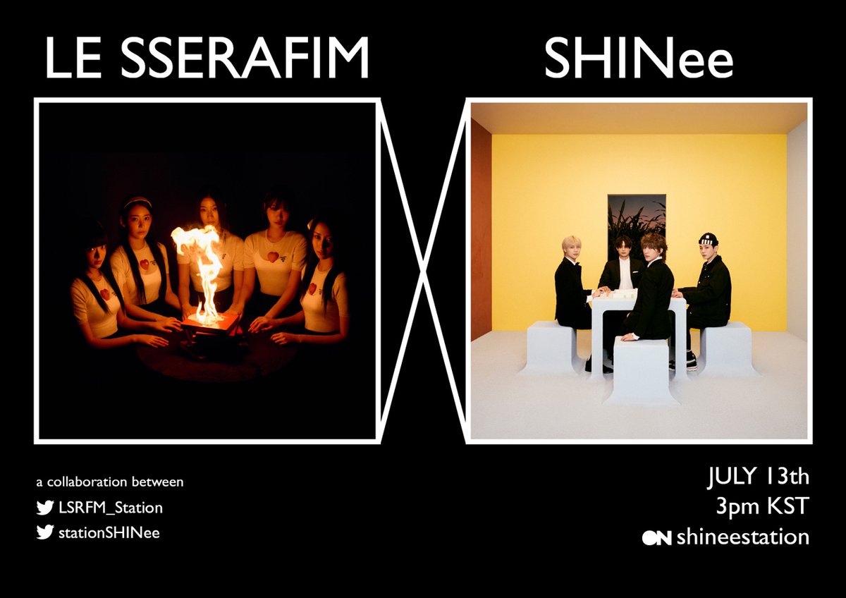 stationSHINee's tweet photo. [📢]

Join us for our LE SSERAFIM x SHINee collaboration with @LSRFM_Station on STATIONHEAD!

🗓️ July 13th
⏰ 3pm KST
📻 https://t.co/AgqbPBtH3u

#LE_SSERAFIM @le_sserafim
#SHINee @SHINee https://t.co/I3SSkeXFpS