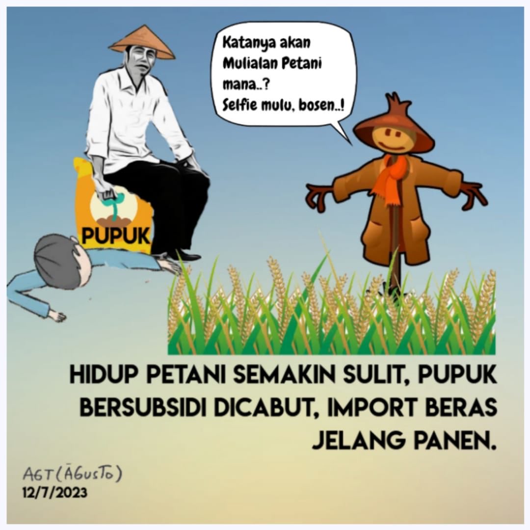 Situ pemimpin sok pro-petani, selfie2 bolak balik seolah pro-petani, tapi kebijakan2 sampeyan sebaliknya: pro-impor dan pro-importir-quota! Sampeyan kok tega,  bikin petani Indonesia semakin miskin ? Kejam 🥲