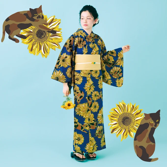 花火大会にサビ猫さんと出かけませんか? の猫部オリジナル浴衣が販売中  熱狂的ファンが多いサビ猫さんと、大人っぽいデフォルメの大輪のひまわりをモチーフに、上品な雰囲気で仕上げましたそれぞれ異なる個性豊かな模様にも注目です  詳細⇒