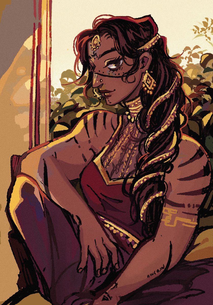 1girl solo dark skin dark-skinned female long hair jewelry sitting  illustration images