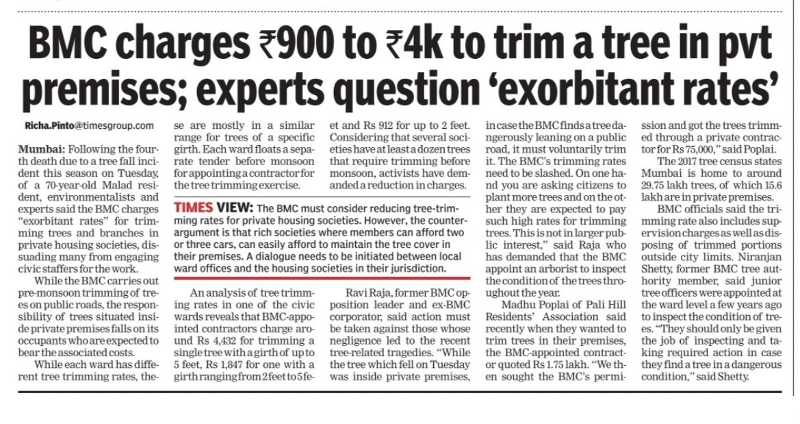 In wake of the tree crash deaths Mumbai has witnessed I looked at @mybmc rates for trimming of trees. According some citizens the rates set by the BMC are exorbitant, dissuading many housing societies from trimming their trees. m.timesofindia.com/city/mumbai/bm…