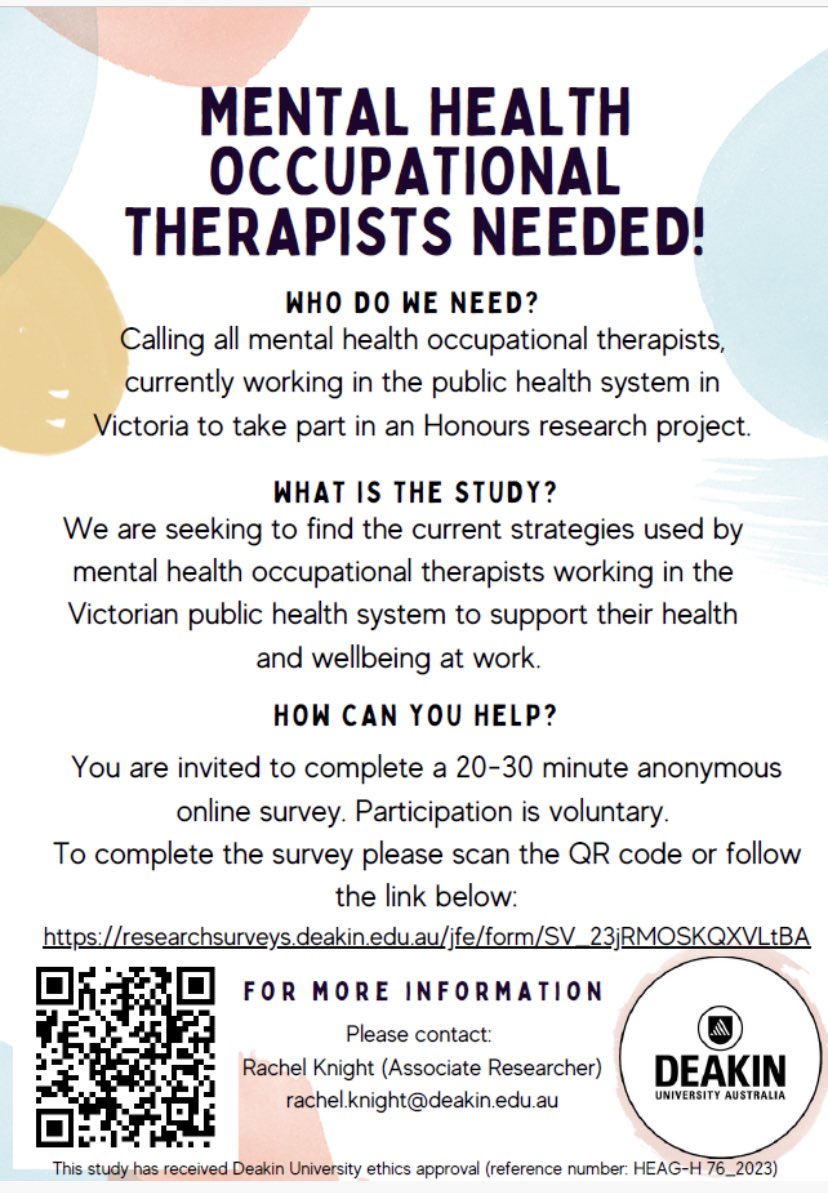 OT at Deakin (@deakinot) on Twitter photo Victorian #mentalhealth OTs! OT Honours student Evana Miesen & supervisors <a href="/genevieve_pepin/">Genevieve Pepin</a> <a href="/Rachel_King_1/">Rachel Knight</a> want to know how you look after your own health & wellbeing. Feel free to share this info and complete a brief anonymous survey <a href="/DanielleHitch/">Danielle Hitch</a> @Carolynne_OT <a href="/OtKirk/">Kirk Reed ๐ณ๐ฟ๐ณ๏ธโ๐</a> Victorian #mentalhealth OTs! OT Honours student Evana Miesen & supervisors <a href="/genevieve_pepin/">Genevieve Pepin</a> <a href="/Rachel_King_1/">Rachel Knight</a> want to know how you look after your own health & wellbeing. Feel free to share this info and complete a brief anonymous survey <a href="/DanielleHitch/">Danielle Hitch</a> @Carolynne_OT <a href="/OtKirk/">Kirk Reed ๐ณ๐ฟ๐ณ๏ธโ๐</a>