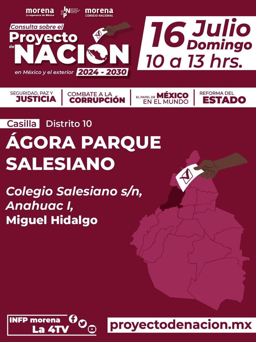 irma_vzqmh's tweet photo. Ya arrancamos las actividades de una consulta inédita al pueblo de México para integrar nuestro proyecto 2024-2030.  

Te esperamos el próximo domingo 🗓️ 16 de julio de 10 a 13 hrs. ⏰
📍Casilla Distrito 10 
Colegio Salesiano s/n, Anáhuac I, Miguel Hidalgo https://t.co/twfK1LfJWz