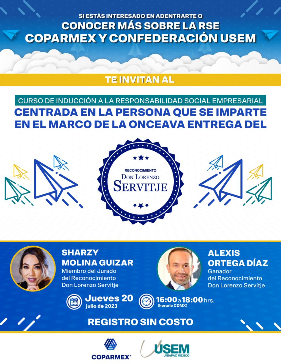 🙋‍♀️🙋‍♂️ Participa en el Curso de Inducción a la Responsabilidad Social Empresarial Centrada en la Persona, con <a href="/psicsharzy/">Sharzy Molina</a>, miembro del jurado del Reconocimiento Don Lorenzo Servitje y Alexis Ortega, ganador del galardón. <a href="/reconocimient12/">@reconocimientodonlorenzoservitje</a>

🔗 Regístrate aquí: cpmx.me/3JWqZcK