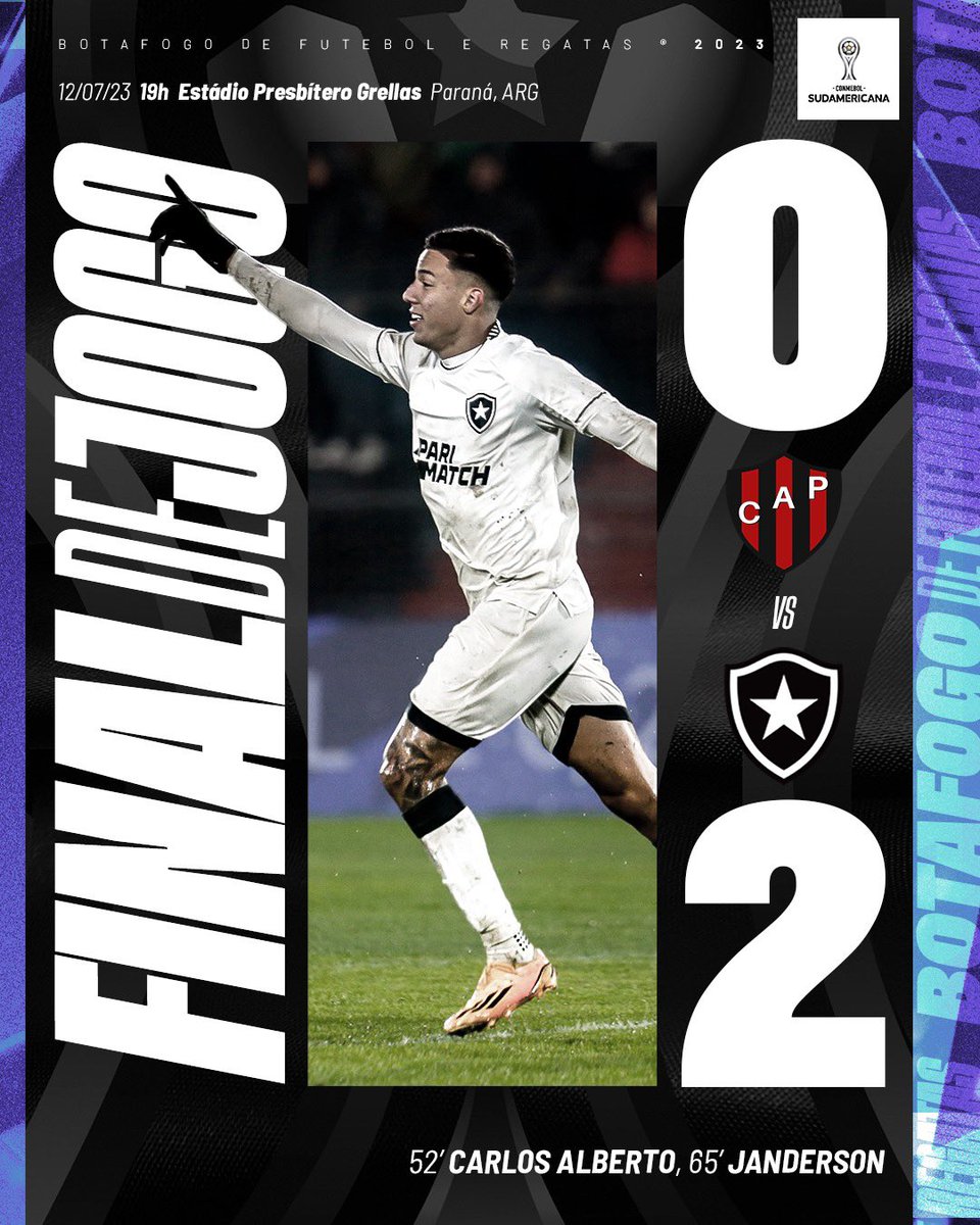 Botafogo's tweet photo. DEEEEU FOGOOOO!!! 🔥🔥🔥

Com gols de Carlos Alberto e Janderson, Fogão vence o Patronato por 2 a 0 fora de casa e larga na frente no duelo pela Sul-Americana! VAAAMOS, FAMÍLIA! 🚀🔥

#VamosBOTAFOGO https://t.co/DteP0Bav0K