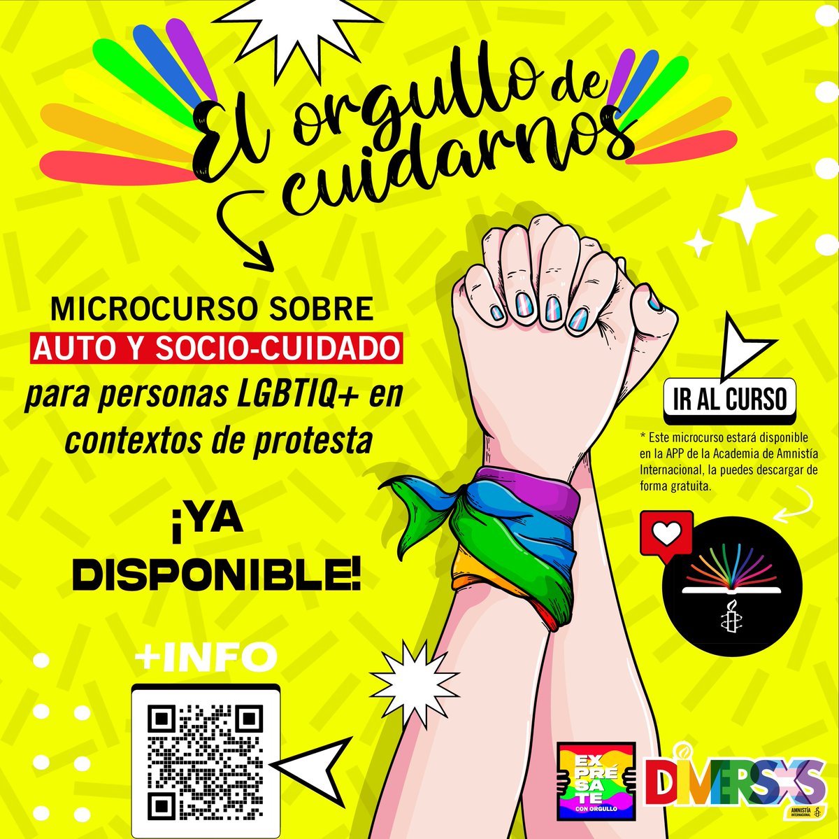 amnistiamexico's tweet photo. En el #CursoGratuito📚 #ElOrgullodeCuidarnos ampliarás tus conocimientos sobre cómo podemos cuidarnos al ejercer nuestro derecho a la protesta pacífica como activistas #LGBTTTIQA+. 🌈
Al final recibirás un certificado de participación. ✅
👉🏽 https://t.co/QpL9WpUDBc https://t.co/YxxGleYlGf
