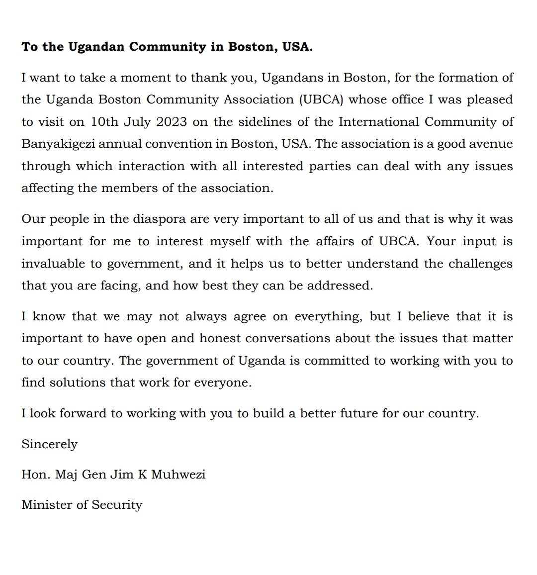jkmuhwezi's tweet photo. I want to take a moment to thank you, Ugandans in Boston, for the formation of the Uganda Boston Community Association (UBCA) whose office I was pleased to visit on 10th July 2023 on the sidelines of the International Community of Banyakigezi annual convention in Boston, USA. https://t.co/SVGz0GzHjh
