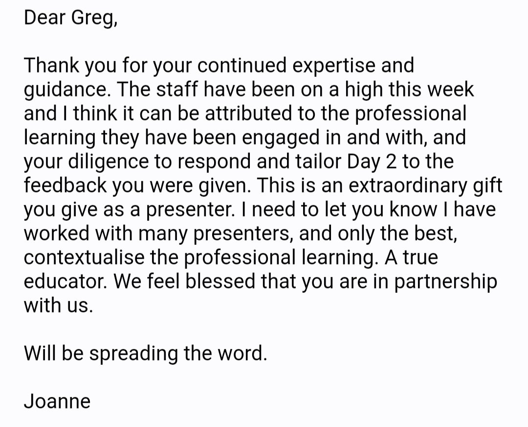 Some great feedback from a school I've been working with since the beginning of the year. So much progress made! Really shows how far you can come if you are open to new learning.