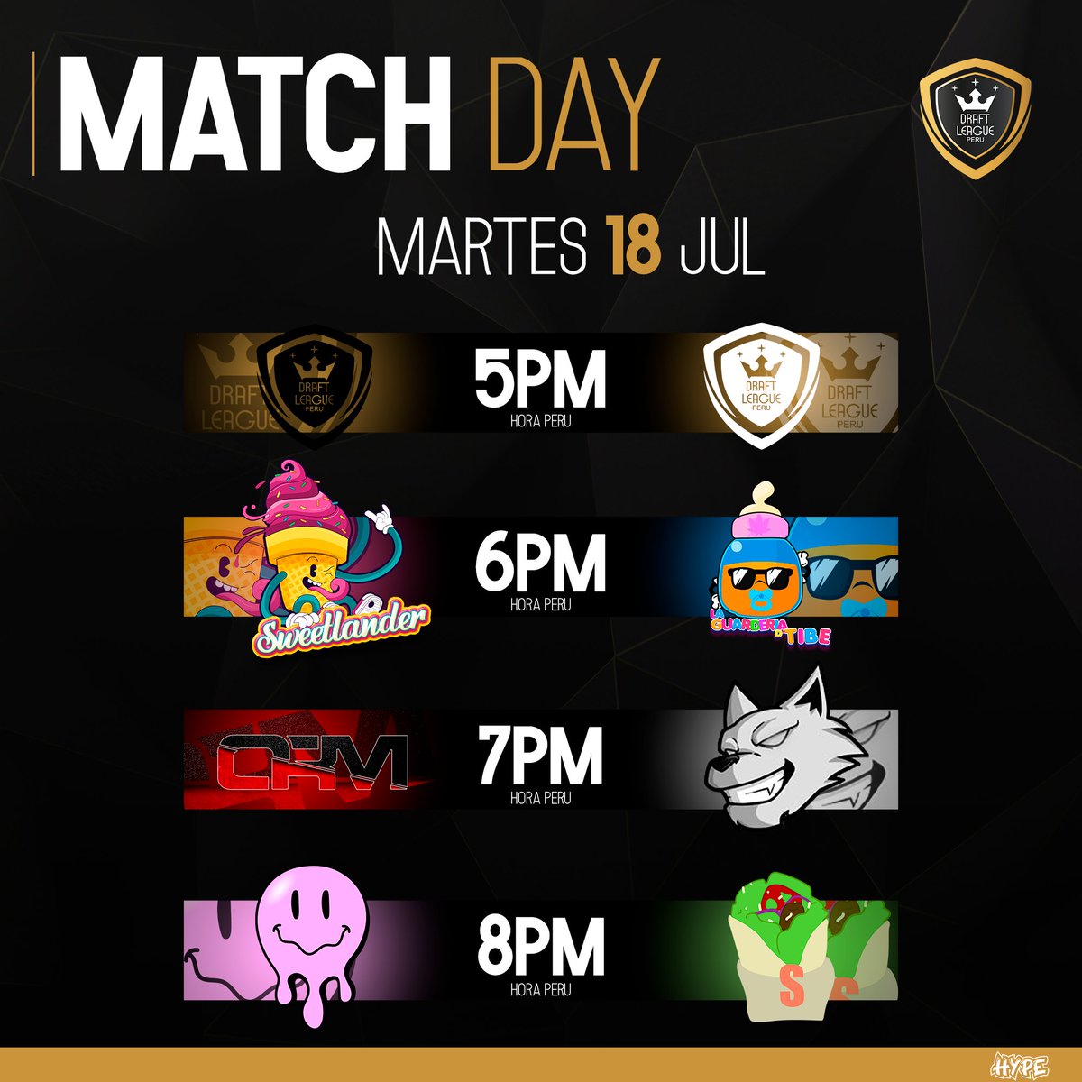PelucheAcademy's tweet photo. Estos son los primeros encuentros de la Temporada 2. No se pierdán el showmatch de presidentes el martes a las 5pm.
Quien es tu equipo favorito?

#DraftLeague https://t.co/3IA5z0Ak5B