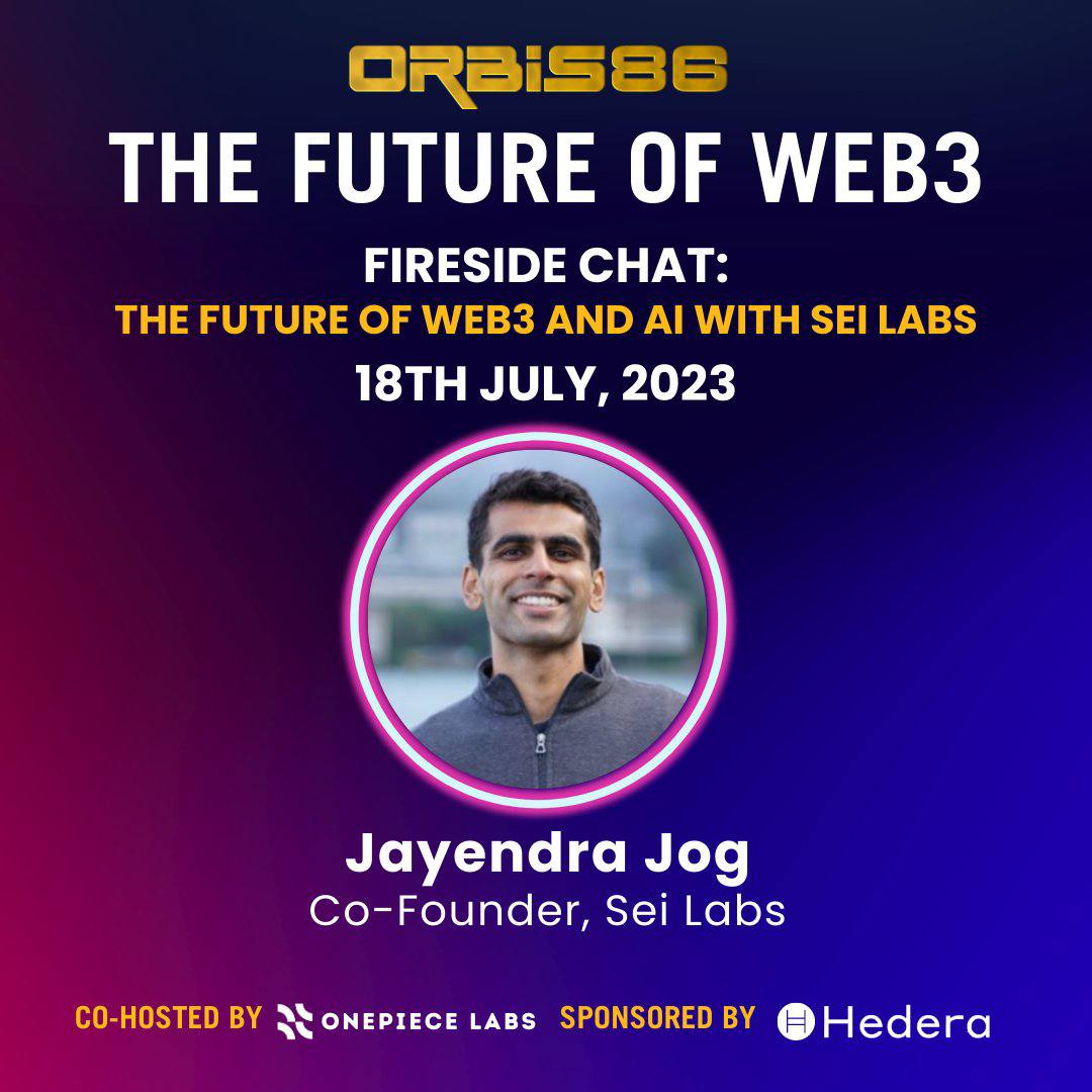 📢 Tune in for an insightful Fireside Chat on the Future of Web3 & AI with Sei Co-Founder @jayendra_jog! Discover how AI-driven decentralized applications can drive new innovations and further empower developers. 🗓️ July 18th ⏰ 4pm PDT 🔗 Register now: lu.ma/orbis86futureo…