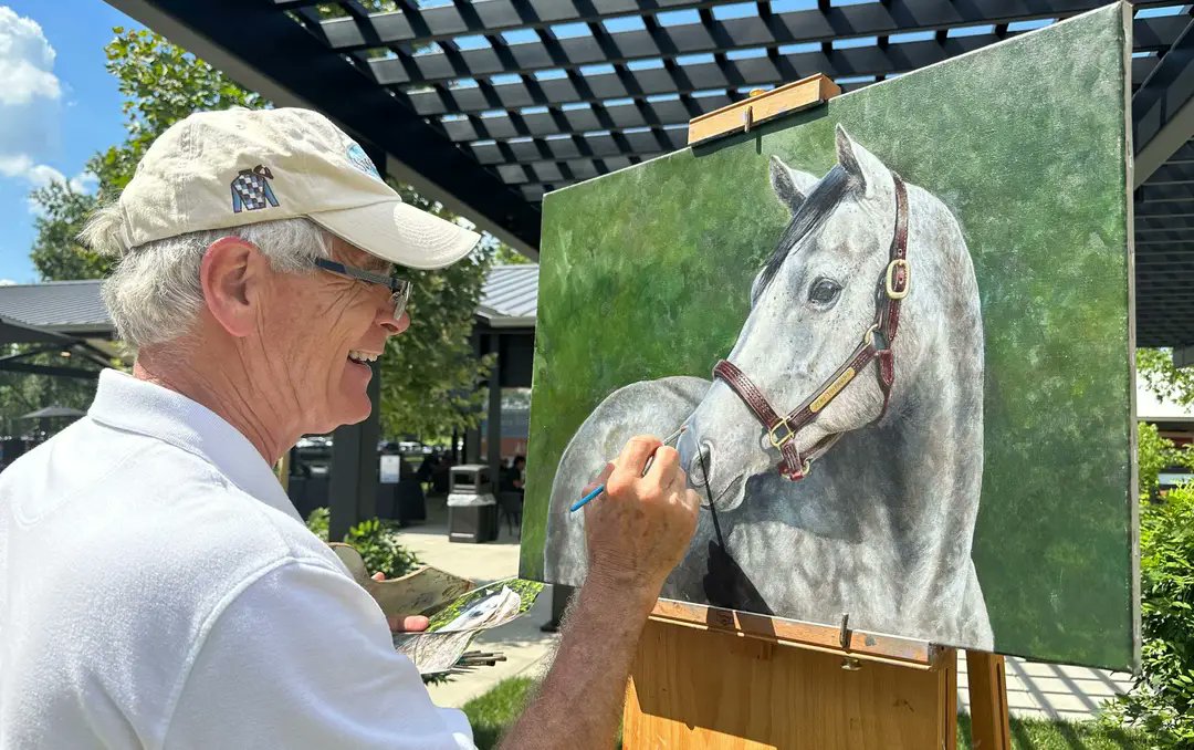 Robert Clark working on a portrait of our homebred ZERO TOLERANCE (G3) at Fasig-Tipton yesterday.  Commissioned by one of my partners. In foal to Justify for 2024. <a href="/MwAdrian/">Adrian Wallace</a> <a href="/coolmoreamerica/">Coolmore America</a>
