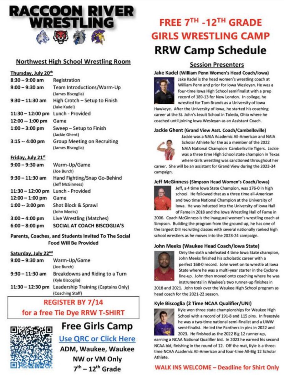 RRGirlsWrestle's tweet photo. Free wrestling camp for 7th - 12th graders in Waukee, Waukee NW, Van Meter, or ADM - sign up this week for a free shirt. Sign Up: https://t.co/RybBxQC7Ti https://t.co/WwOamnA339