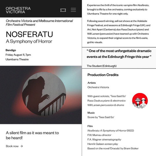 Oh my! Orchestra Victoria will be performing the Nosferatu film score we wrote, live to picture as part of The Melbourne International Film Festival! We will be playing the solo parts. 

Massive thanks to <a href="/OrchestraVic/">Orchestra Victoria</a> for taking this on. This is going to be fun! 😁

#MIFF2023