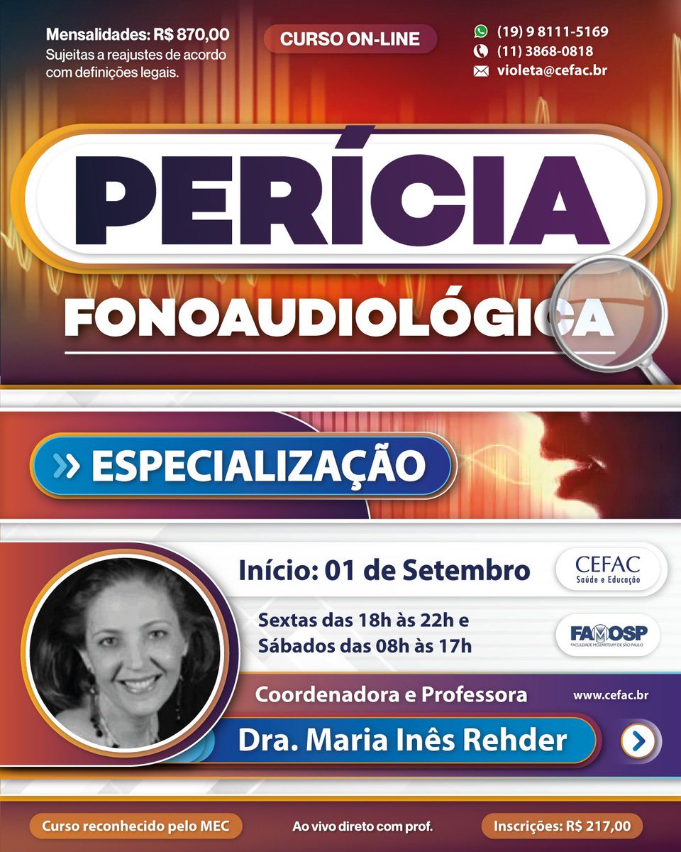 cefacsaopaulo's tweet photo. Perícia Fonoaudiológica

Curso de Especialização Online

Mais informações ou inscrições, acesse: https://t.co/Vz4CgUiErb

#fonoaudiologia #periciafonoaudiológica #perícia #fono #especialização https://t.co/fsJx676wSZ